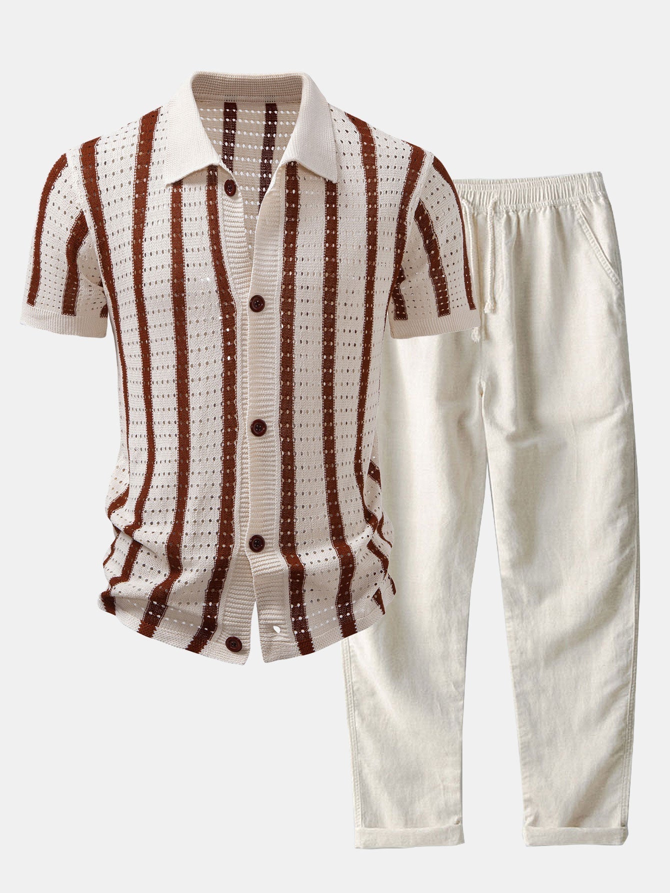STRIPED SHIRT WITH KNITTED EYELETS & STRAIGHT-LEG LINEN PANTS