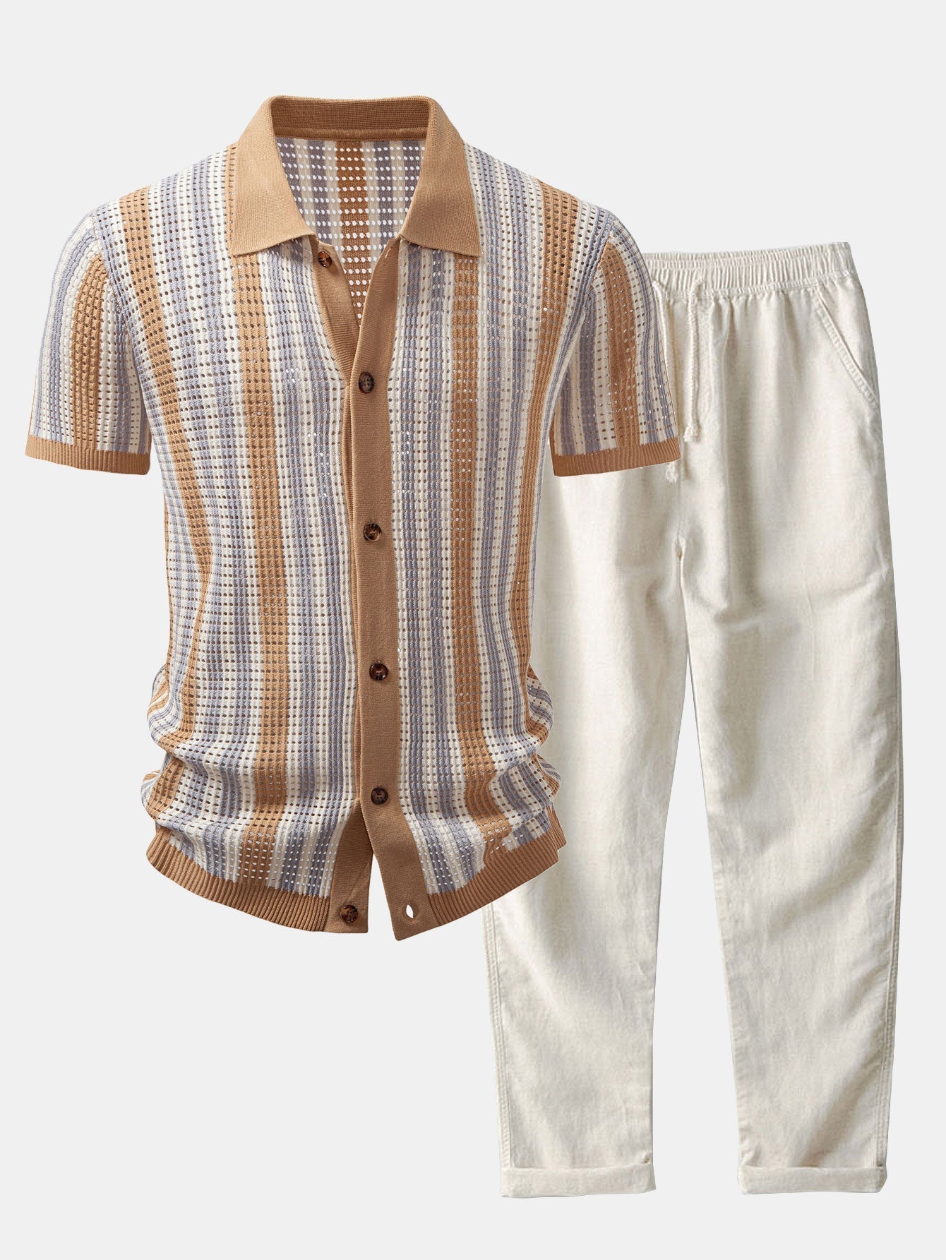 STRIPED SHIRT WITH CROCHET EYELETS & STRAIGHT-LEG LINEN PANTS