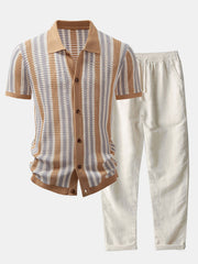 STRIPED SHIRT WITH CROCHET EYELETS & STRAIGHT-LEG LINEN PANTS