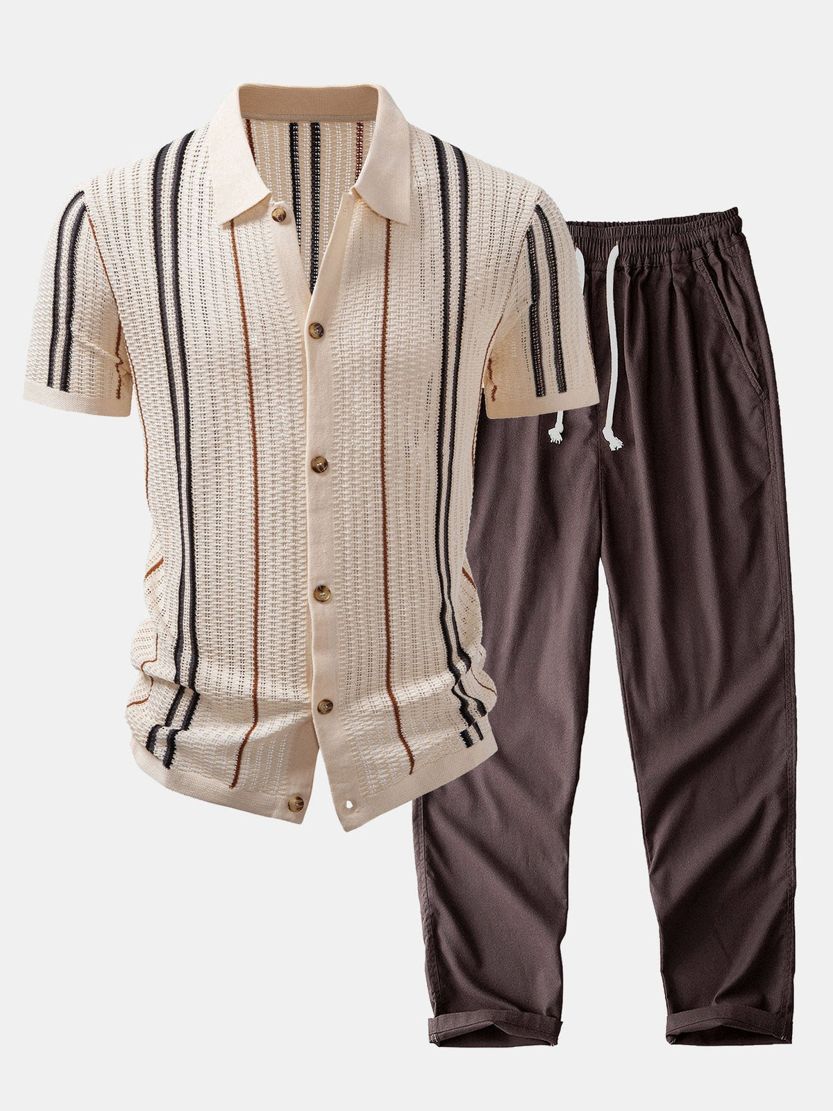 CROCHET STRIPED SHIRT WITH BUTTONS & STRAIGHT-LEG LINEN PANTS