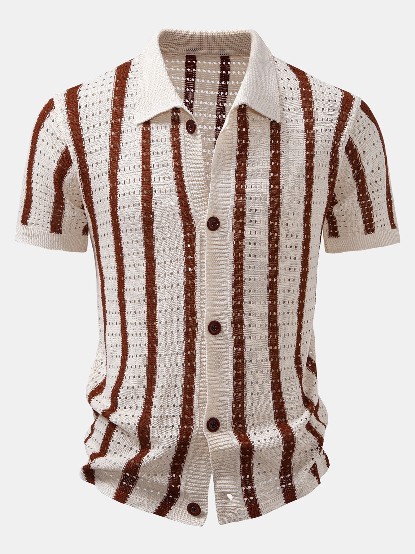 STRIPED SHIRT WITH KNITTED EYELETS & STRAIGHT-LEG LINEN PANTS