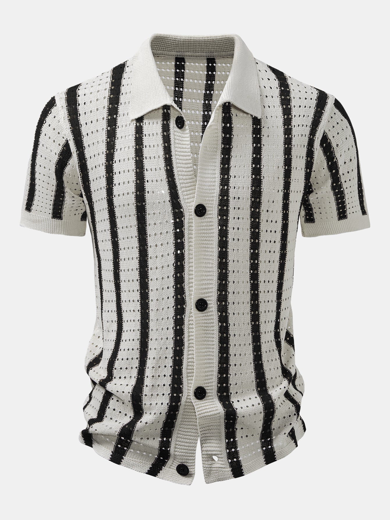 STRIPED SHIRT WITH KNITTED EYELETS & STRAIGHT-LEG LINEN PANTS