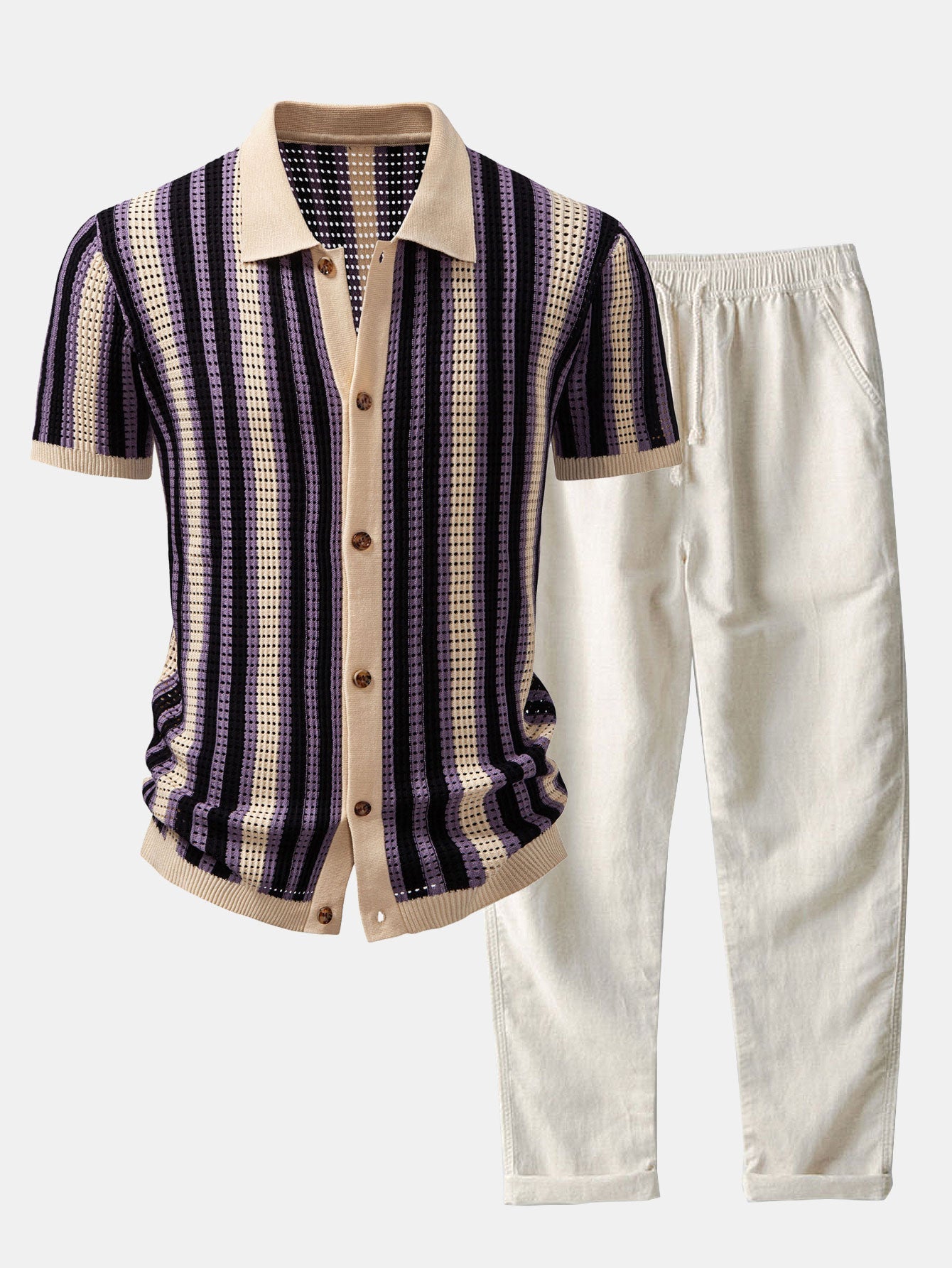 STRIPED SHIRT WITH CROCHET EYELETS & STRAIGHT-LEG LINEN PANTS