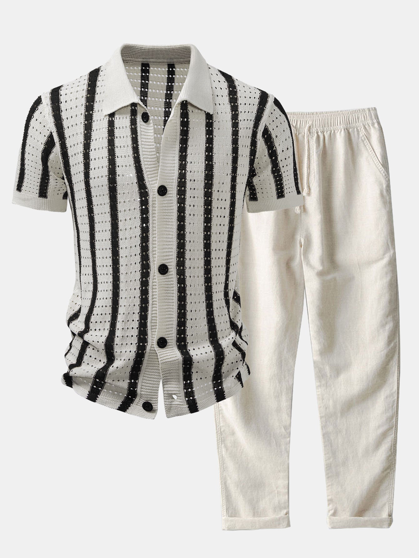 STRIPED SHIRT WITH KNITTED EYELETS & STRAIGHT-LEG LINEN PANTS