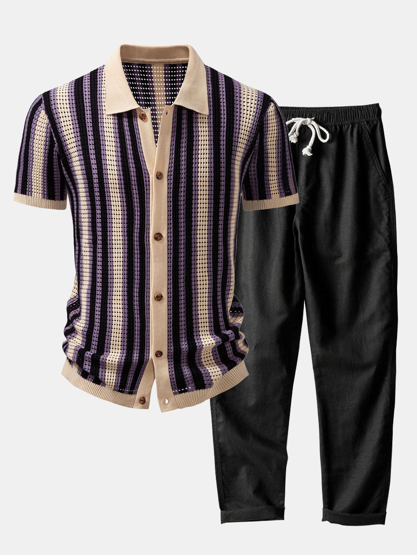 STRIPED SHIRT WITH CROCHET EYELETS & STRAIGHT-LEG LINEN PANTS