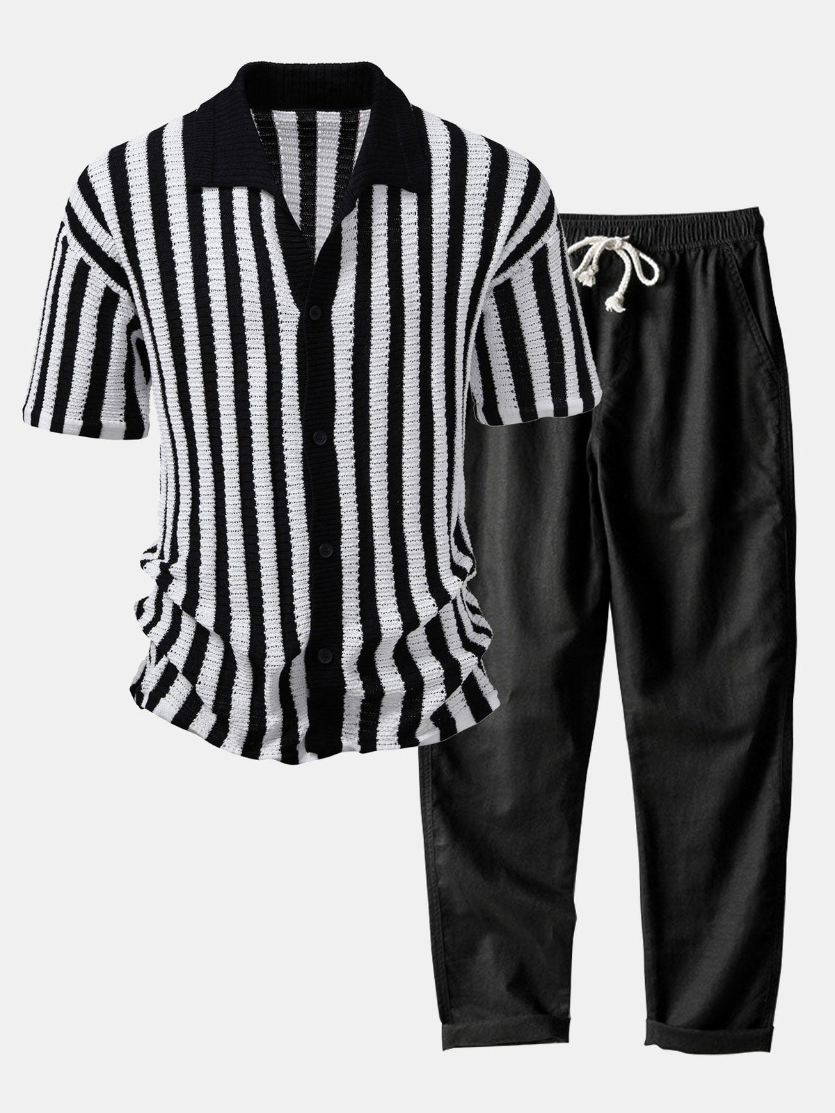 CHEMISE WITH OMBRE SHOULDERS AND CROCHET STRIPES & LINEN PANTS STRAIGHT LEG