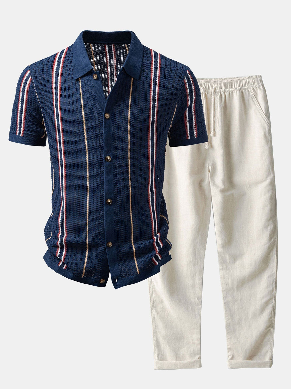 CROCHET STRIPED SHIRT WITH BUTTONS & STRAIGHT-LEG LINEN PANTS