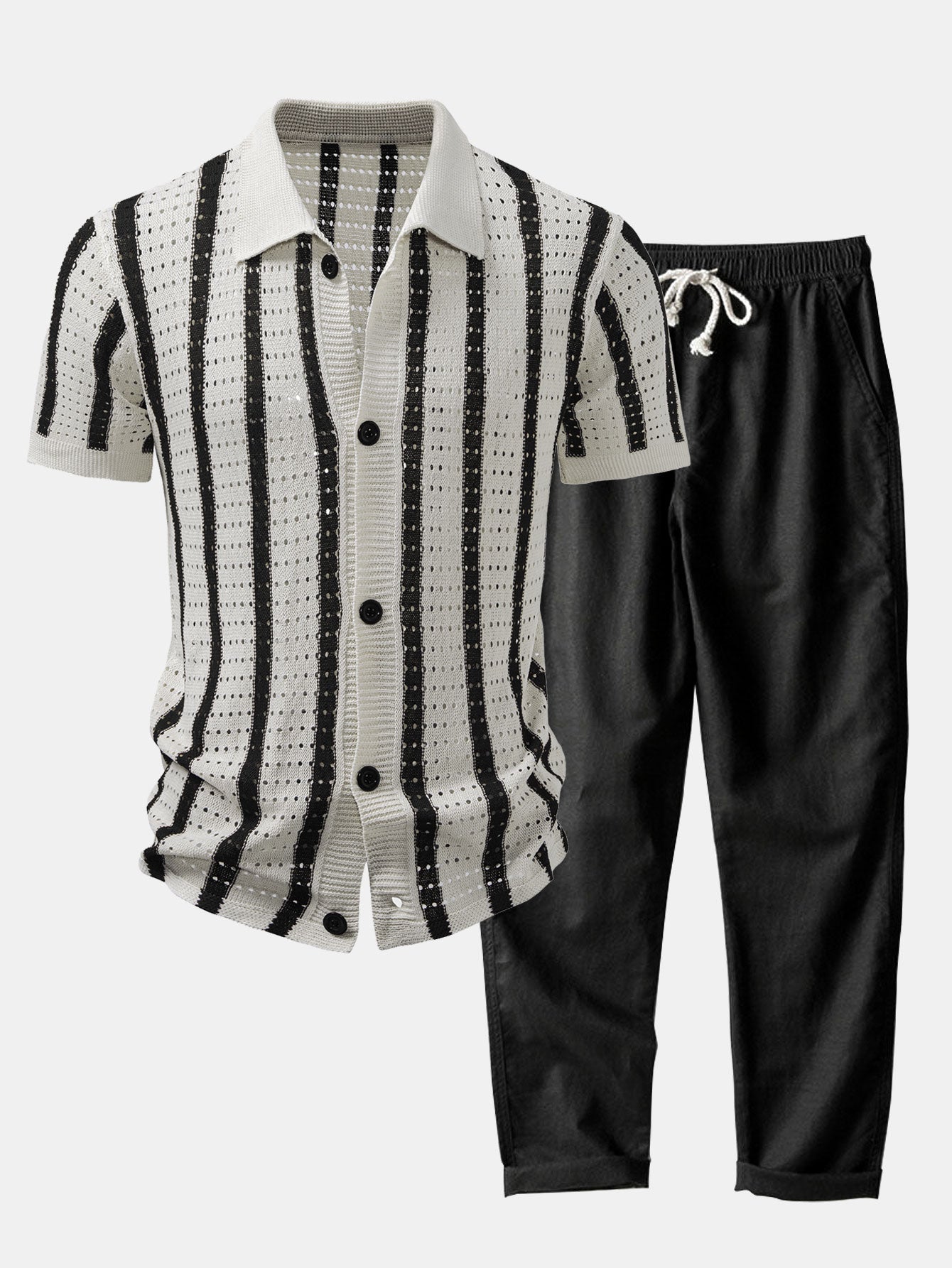 STRIPED SHIRT WITH KNITTED EYELETS & STRAIGHT-LEG LINEN PANTS