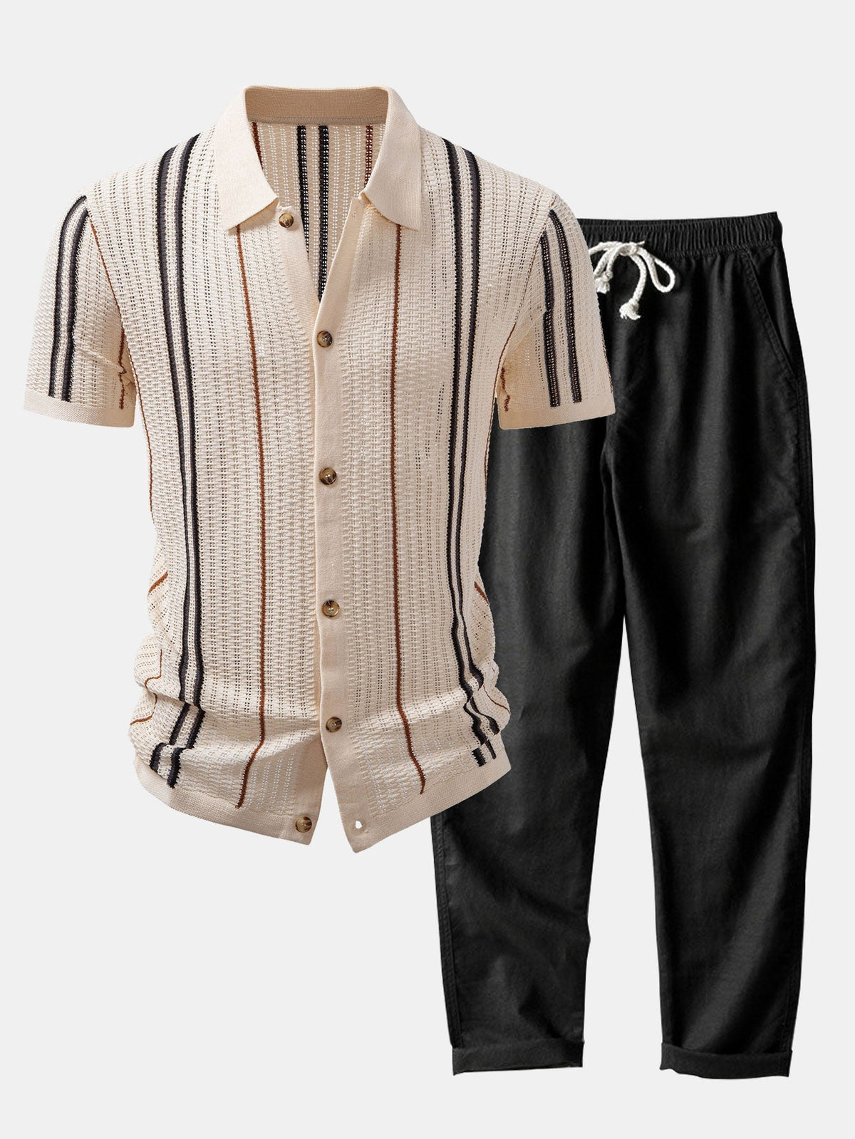 CROCHET STRIPED SHIRT WITH BUTTONS & STRAIGHT-LEG LINEN PANTS