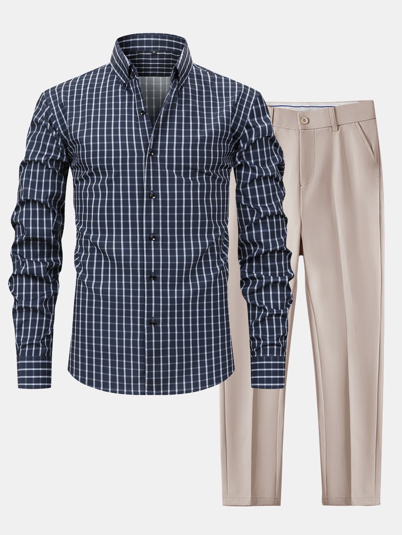 LONG SLEEVE PLAID SHIRT WITH BUTTONS & SLIM FIT PANTS SLIM LEG