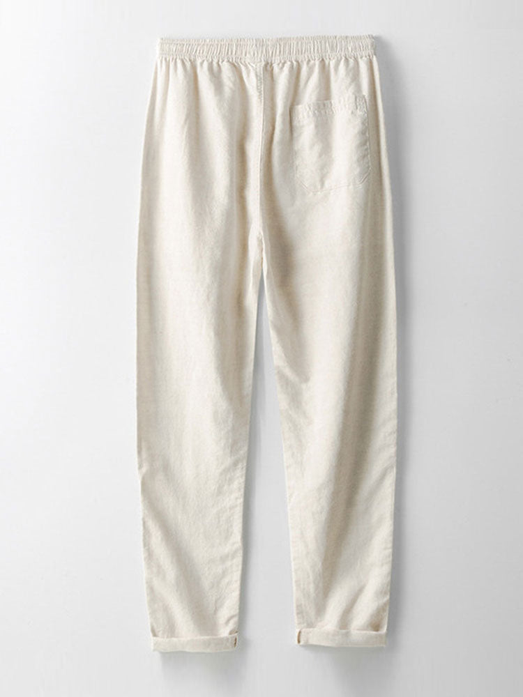 STRIPED SHIRT WITH KNITTED EYELETS & STRAIGHT-LEG LINEN PANTS