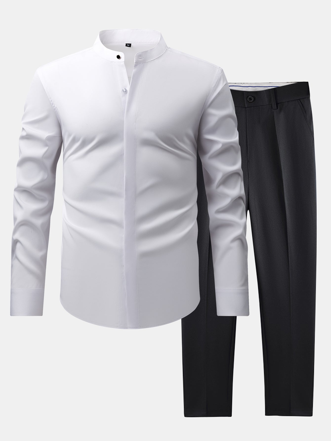 CHEMISE WITH MANDARIN COLLAR & SLIM FIT FLARED-LEG PANTS