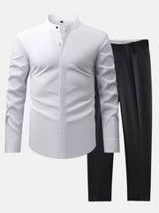 CHEMISE WITH MANDARIN COLLAR & SLIM FIT FLARED-LEG PANTS