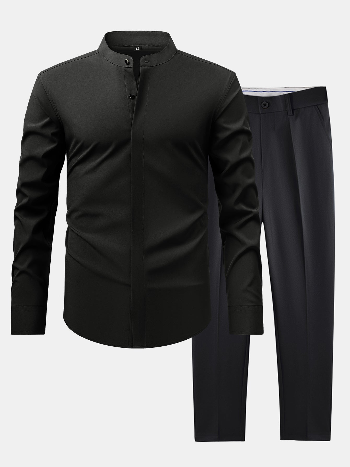 CHEMISE WITH MANDARIN COLLAR & SLIM FIT FLARED-LEG PANTS