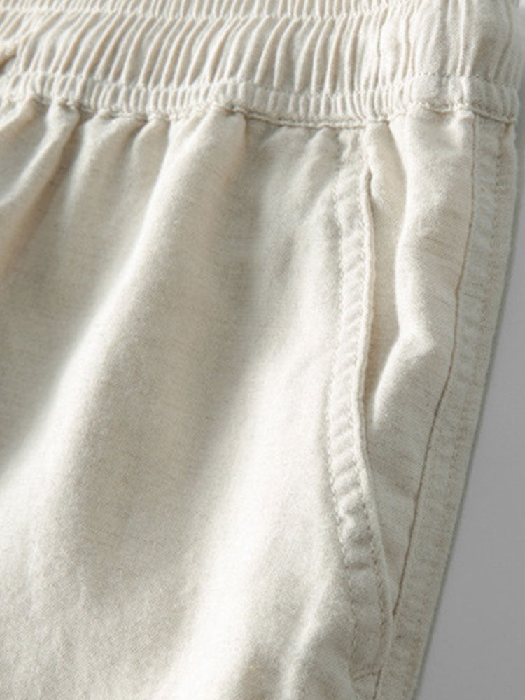 STRIPED SHIRT WITH KNITTED EYELETS & STRAIGHT-LEG LINEN PANTS