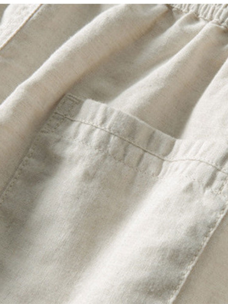 STRIPED SHIRT WITH KNITTED EYELETS & STRAIGHT-LEG LINEN PANTS