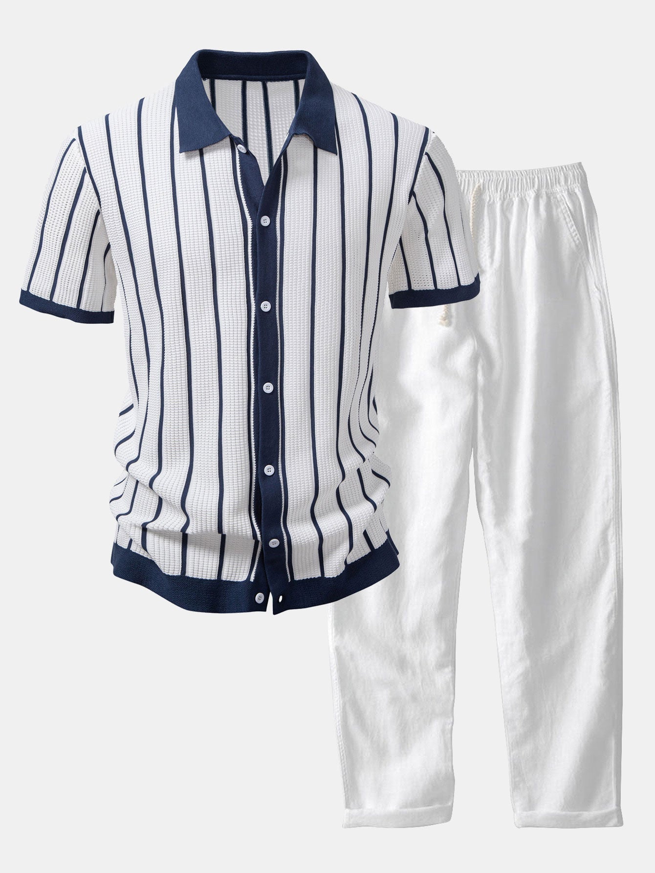 KNIT STRIPED BUTTON-UP SHIRT & STRAIGHT-LEG LINEN PANTS SET