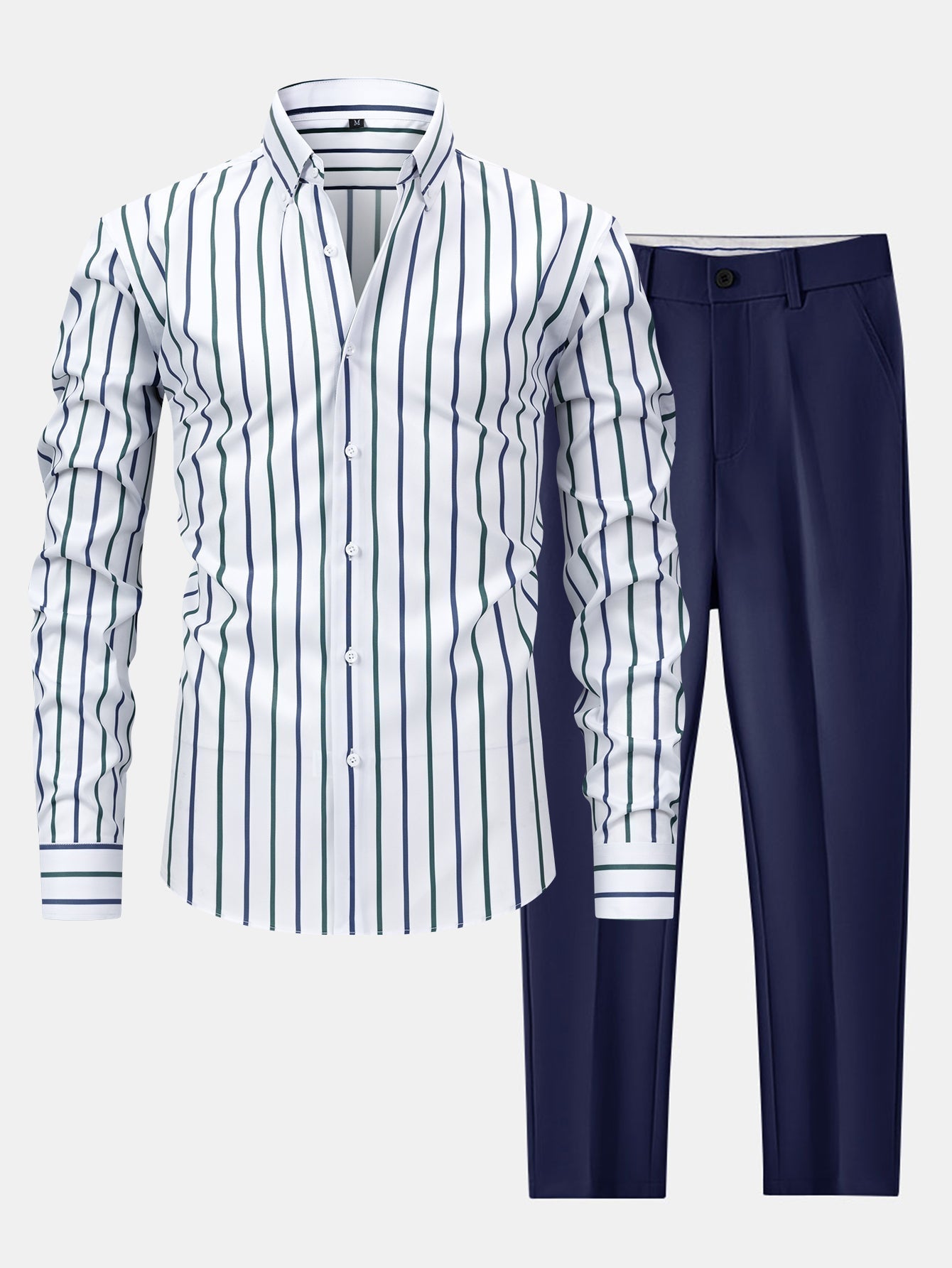 LONG SLEEVE STRIPED SHIRT WITH BUTTONS & SLIM FIT PANTS FLARED LEG