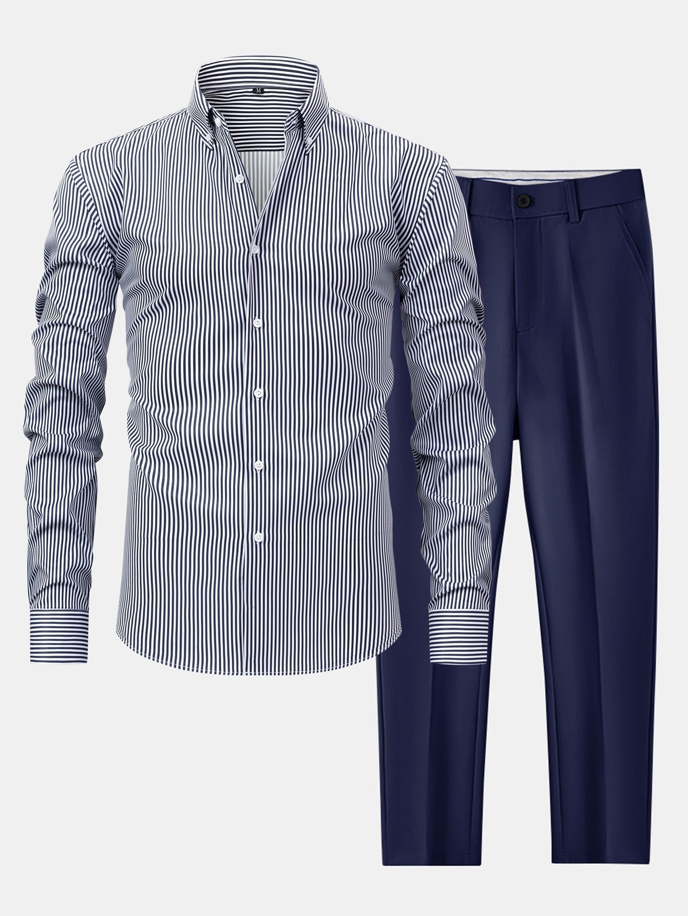 LONG SLEEVE STRIPED SHIRT WITH BUTTONS & SLIM FIT PANTS TAPERED LEG