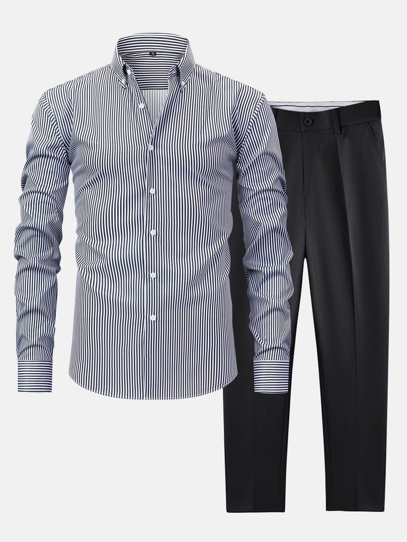 LONG SLEEVE STRIPED SHIRT WITH BUTTONS & SLIM FIT PANTS TAPERED LEG